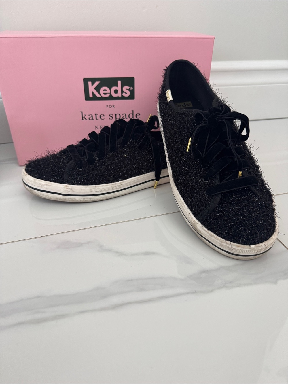 kate spade Black Fuzzy Knit Lace-Up Sneakers